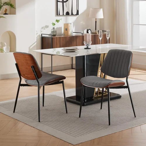 Vista 14 de Dining Chairs Set of 2 Mid Century Modern Retro Design with Walnut Bentwood Back Upholstered Seat Metal Legs Adjustable Foot for Kitchen Dining Room