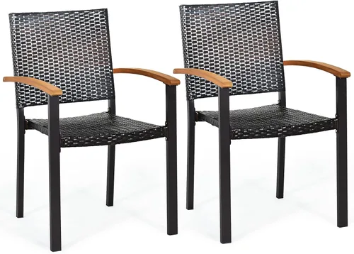 RELAX4LIFE Juego de sillas de comedor de ratán para patio, sillas de mimbre con marco de acero, reposabrazos cubiertos de acacia, sillas para