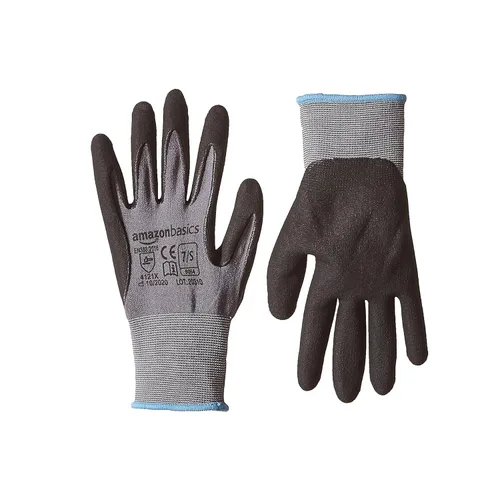Amazon Basics Guantes con revestimiento de nitrilo de microespuma, fibra de forro de nailon, pantalla táctil, gris, talla 7 (S), paquete de 6
