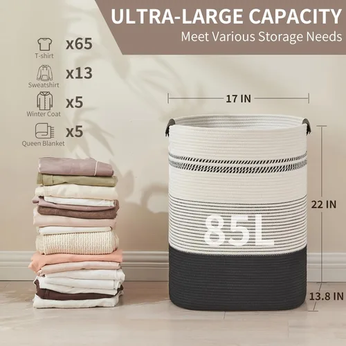 Vista 3 de DOFASAYI Cesta de Ropa Sucia - Cesta de Lavandería Grande de 85L con Asas de Cuero, Cesta de Almacenamiento Decorativa para Mantas - Cesta de Ropa