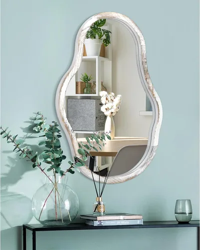 Vista 7 de Espejos asimétricos para pared, espejo de marco de madera irregular blanco, moderno, único, ondulado, para colgar en el baño, tocador, dormitorio