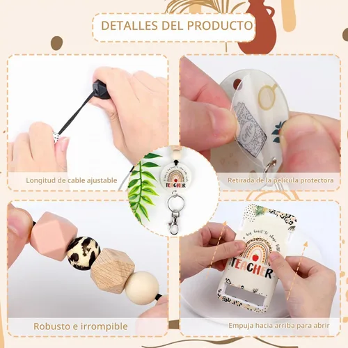 Vista 3 de Cordones para Profesores para Tarjetas de Identificación - Llavero Bohemio de Silicona con Cuentas Separables, Accesorios para Mujeres, Lindo Boho-b