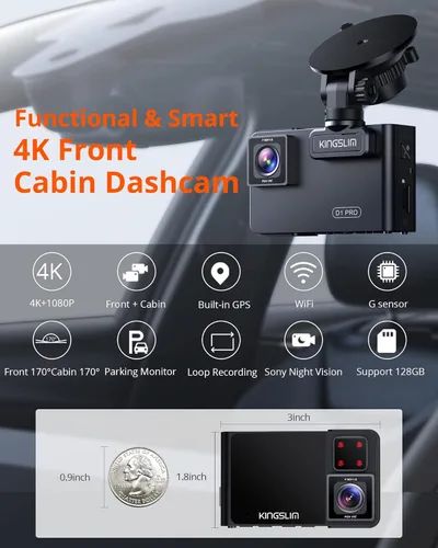 Vista 2 de Kingslim D1 Pro Dual Dash Cam 4K Grabar Interior - Cámara de tablero frontal e interior GPS WiFi para coches, Uber camión, cámara de tablero