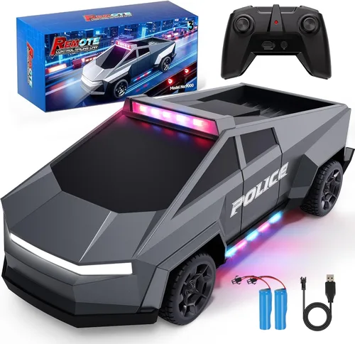 Tecnock Camión a control remoto para niños, camión de control remoto de policía a escala 1:18 con luces LED, 2 baterías recargables, automóvil RC