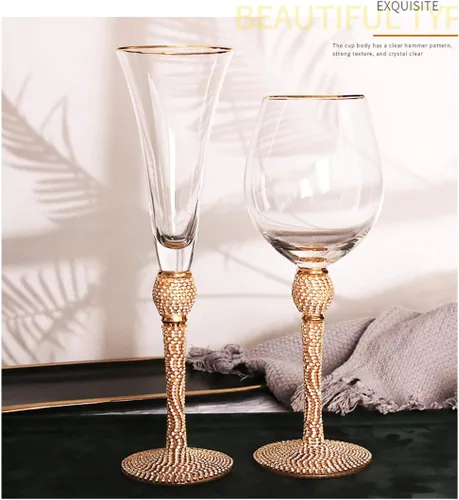 Vista 2 de Copas de vino tinto con diamantes de imitación, copas de champán con borde dorado, copas de vino de diamante, cristalería de tallo largo para bodas