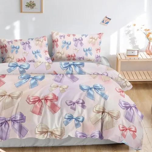 Vista 2 de AILONEN Twin Duvet Cover Set 3 Piece, Pastel Bowknot Bedding, Pink Purple Quilt Wrap Zippered, Soft Microfiber Comforter Case for Princess Girls