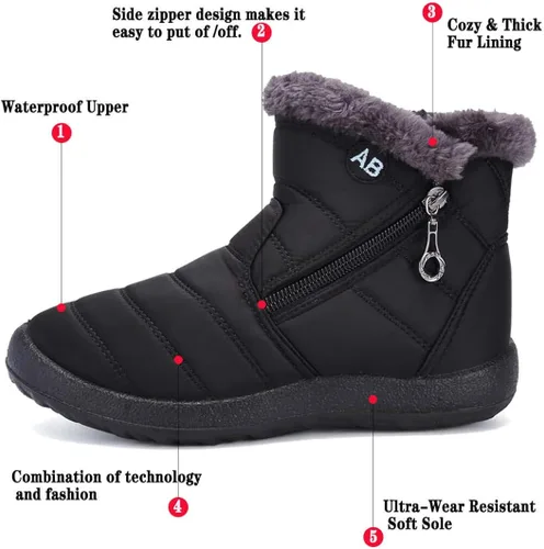 Vista 4 de Botas de nieve para mujer, botas de invierno con forro de piel para mujer, con cremallera lateral, cálidas, ligeras, antideslizantes, para caminar