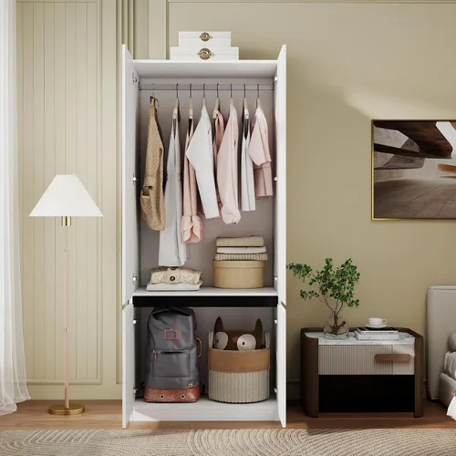 Vista 4 de Armario Ropero Closet con Cajones: Armario Grande Blanco de 75" con 2 Puertas para Colgar Ropa, Armarios de Madera Modernos para Dormitorio con 2