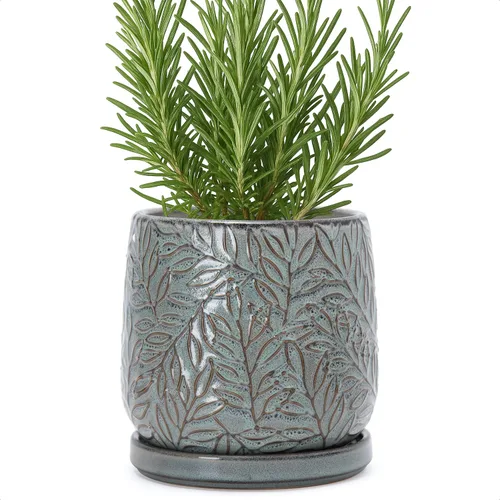 Vista 30 de D'vine Dev Maceta de cerámica con hojas en relieve de 4 pulgadas con orificio de drenaje y platillo, azul grafito, 27-A-Z-9