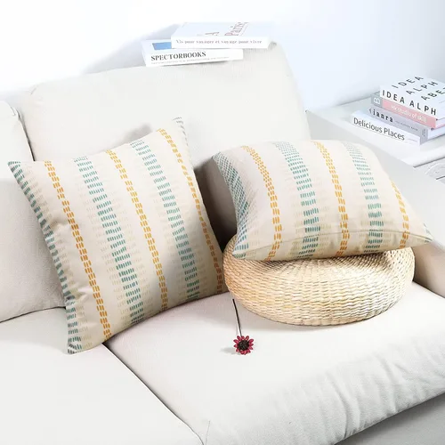 Vista 3 de Pyonic Juego de 2 fundas de cojín decorativas de estilo granja, de lino con rayas, geométricas y cuadradas, para sofá, silla, dormitorio, decoración
