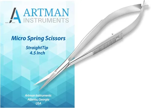 ARTMAN - Micro tijeras rectas Castroviejo de 4.5 pulgadas – Tijeras de acción de resorte de acero inoxidable premium para corte de puntada, costura,