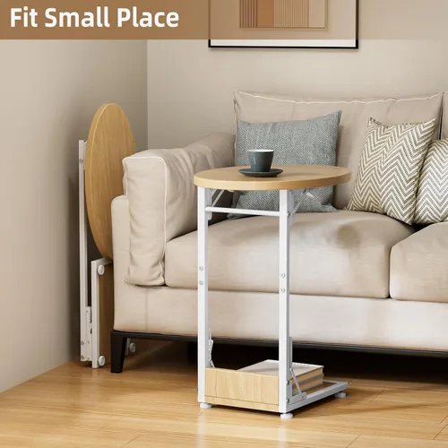 Vista 4 de Mesa auxiliar plegable Elbourn, mesa de extremo en forma de C para sala de estar, mesa auxiliar pequeña para dormitorio, mesa de café
