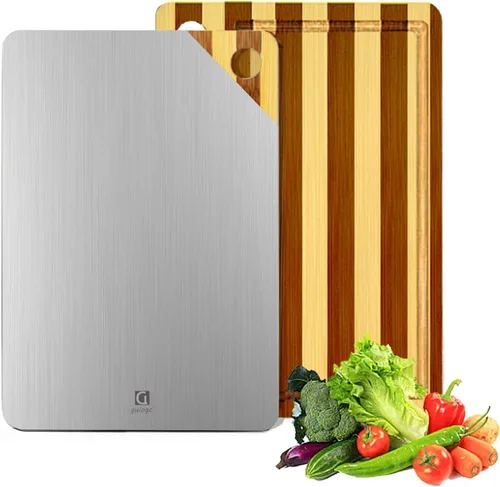 Tabla de cortar, tabla de cortar de titanio para cocina, titanio puro y bambú natural, con ranuras profundas para jugos, tamaño grande de 15.6 x 11