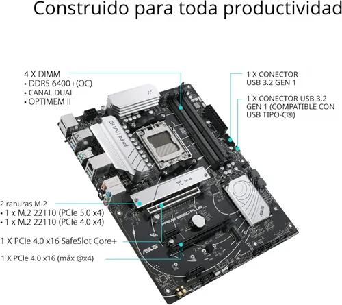 Vista 3 de ASUS Prime B650-PLUS AMD B650 AM5 Ryzen™ Desktop 9000 8000 y 7000 ATX Motherboard, DDR5, PCIe 5.0 M.2, LAN de 2.5 Gb, DP, HDMI®, SATA 6 Gbps, USB