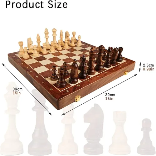 Vista 5 de Juego de ajedrez de 15 x 15 pulgadas, juego de ajedrez de madera de nogal con incrustaciones con tablero de ajedrez plegable, piezas de ajedrez
