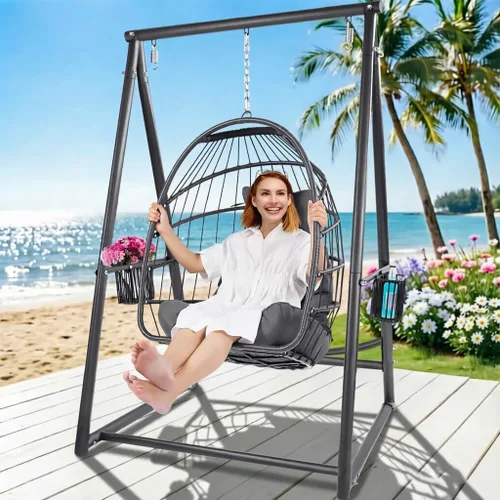 YOXIFOC Base reforzada y soporte de hamaca de estructura triangular con 2 cestas de almacenamiento, soporte de columpio con 3 ganchos para la