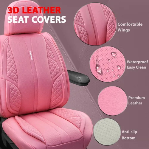 Vista 2 de CAR PASS Juego completo de fundas de asiento de automóvil de piel sintética rosa napa lindas para mujer, impermeables, acolchadas, ajuste universal