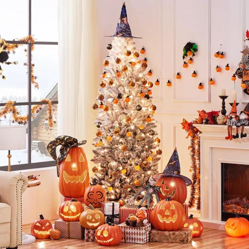 Vista 2 de Yaheetech Árbol de Navidad de Abeto Tipo Lápiz Preiluminado con Nieve Artificial de 6 pies con Bisagras, Árbol de Navidad Delgado para Esquina