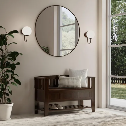 Vista 2 de SIMPLIHOME Acadian Banco de almacenamiento para entrada, asiento de pasillo de madera maciza de 48 pulgadas de ancho con estante en marrón moreno