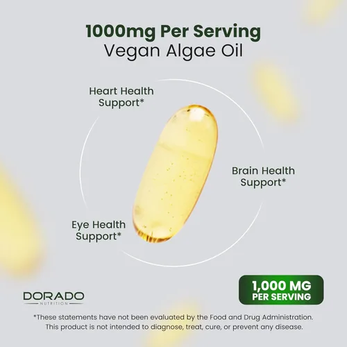 Vista 4 de Aceite de algas vegano Omega 3 (60 cápsulas blandas) DHA EPA a base de plantas, de origen sostenible, sin carragenina, sin OMG, salud del corazón