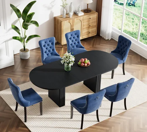 Vista 31 de Pvillez Extendable Dining Table Set of 8, Black Oval Dining Room Table & 8 Black Velvet Dining Chairs with Wood Leg, 62.99"-78.74" Kitchen Table and