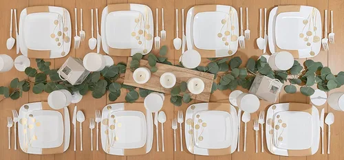 Vista 3 de EcoQuality Plato cuadrado de plástico blanco de 6 pulgadas con platos de fiesta de diente de león dorado similar a la china, plato de ensalada