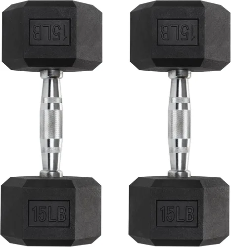 Vista 8 de Mancuernas hexagonales – Pesas recubiertas de PVC resistente, asas moleteadas cromadas – Entrenamiento, ejercicio, levantamiento