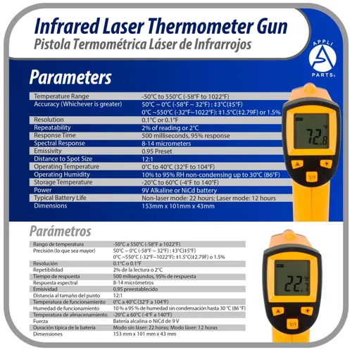 Vista 6 de APTT-DLD Termometro Pistola Laser Infrarrojo -50 C a 550 C para aplicaciones de Refrigeración y Calefaccion
