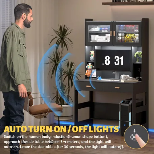 Vista 7 de LVSOMT Escritorio de oficina en casa con gabinete y cajones, moderno escritorio para juegos para computadora con luces LED y tomas de corriente