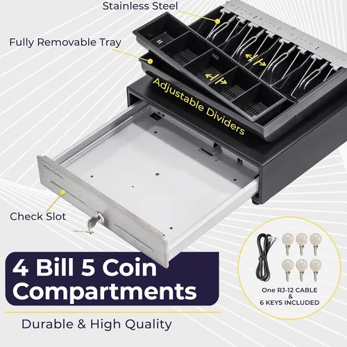 Vista 3 de Volcora Cajón de caja registradora de 13 pulgadas para sistema de punto de venta (POS) - Negro con parte delantera de acero inoxidable - Bandeja