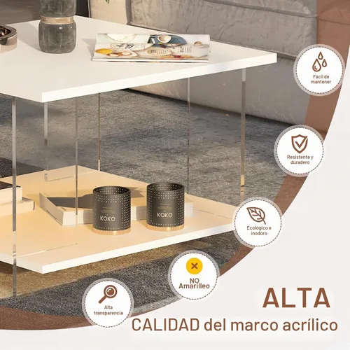 Vista 3 de HedoAjim Mesa de café de 24" de acrílico con tablero de madera blanca, mesa central minimalista y moderna de estilo cuadrado para la sala de estar