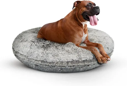 Vista 28 de Bessie + Barnie Cama para perro Bagel – Cama de puf de piel sintética extra afelpada – Cama circular para perro – Forro impermeable y funda lavable