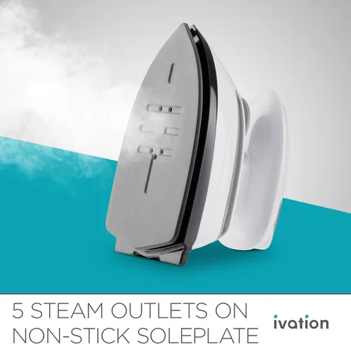 Vista 6 de Ivation Plancha de vapor de viaje Mini plancha seca de doble voltaje y vaporizador de ropa con suela antiadherente, control de temperatura y luz