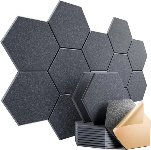 Vista 77 de Paquete de 12 paneles acústicos autoadhesivos de 12 x 10 x 0.4 pulgadas, paneles de espuma a prueba de sonido para paredes, diseño hexagonal Blanco