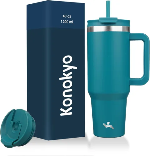Vista 30 de Konokyo Vaso de 30 onzas con asa y 2 popotes, botella de agua aislada con tapa 2 en 1, taza de café de viaje de acero inoxidable, verde militar