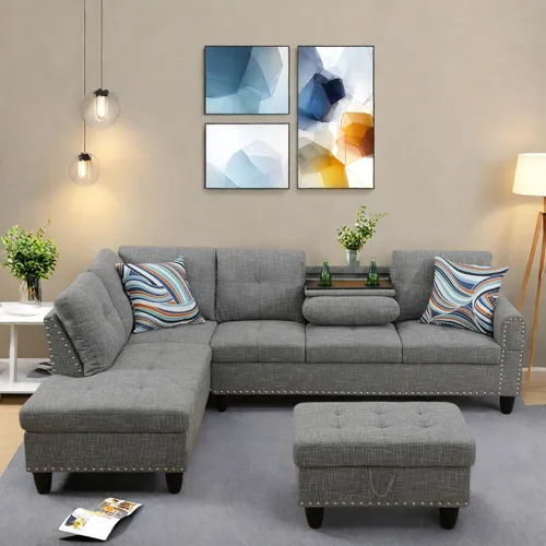 Vista 9 de GlasFlength Juego de sofás modulares para sala de estar, sofás modulares de 4 asientos para sala de estar con otomana extraíble, juego de sofá