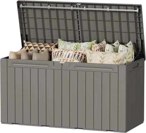 Vista 23 de Devoko Caja de Cubierta de Resina Impermeable Grande de 100 Galones para Interiores y Exteriores, Contenedor de Almacenamiento con Cerradura