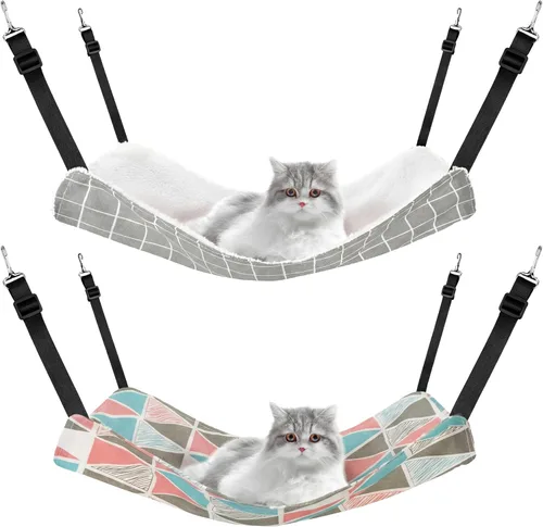 Vista 13 de Jetec Hamaca colgante reversible de 2 piezas para gatos, hamaca suave y transpirable para jaula de mascotas con correas ajustables y ganchos