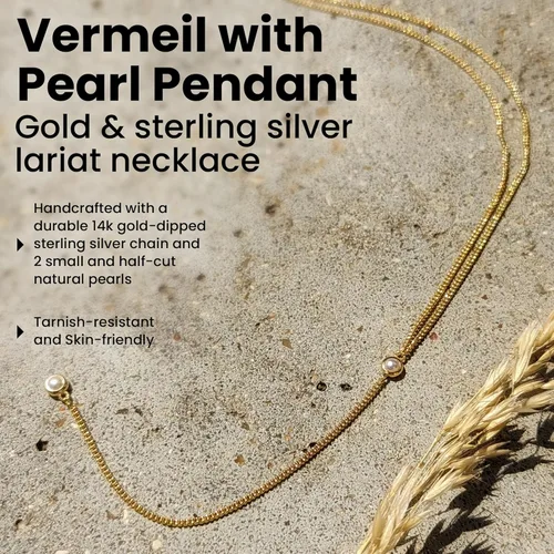 Vista 2 de Faire de la Mode 14k Gold Plated Sterling Silver Lariat Necklace with 2 Delicate Pearl in a 3.25" Dainty Drop Pendant, 16" - 19" Gold Plated