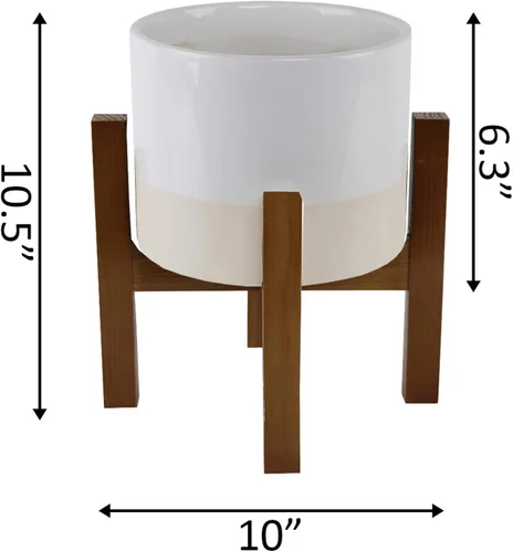 Vista 2 de Flora Bunda Maceta de cerámica Mid Century de 8 pulgadas, maceta grande de dos tonos en soporte de madera, color blanco