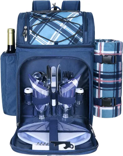 Vista 10 de Hap Tim Mochila de canasta de pícnic para 2 personas con 2 compartimentos aislados de refrigeración, soporte para vino, manta de forro de vellón