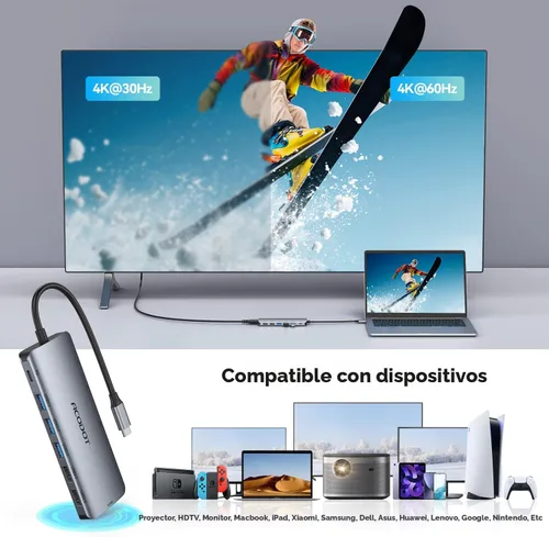 Vista 3 de Hub USB C, Acodot Adaptador USB C de 9 en 1 a HDMI 4K@60HZ multipuerto, 3 puertos USB 3.0, lector de tarjetas SD/TF, 100W PD, diseñado para MacBook