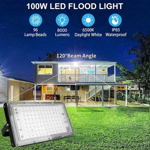Vista 2 de 100W LED Outdoor Flood Light, 2 Pack 8000LM Plug in Flood Light Outdoor, IP66 Waterproof Exterior Security Lights, 6500K Daylight White Super Bright