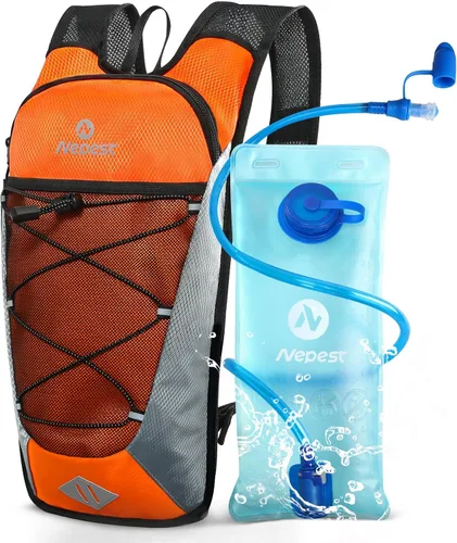 Nepest Mochila de hidratación con bolsa de agua de 2 L para ciclismo, mochila de agua para senderismo, correr, mochila de hidratación ligera Naranja
