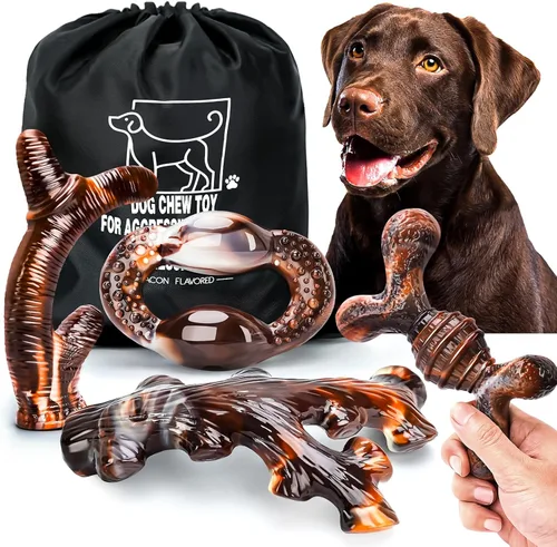 Vista 9 de Paquete de 4 juguetes masticables para perros para masticadores agresivos, juguetes resistentes e indestructibles para perros con sabor a tocino