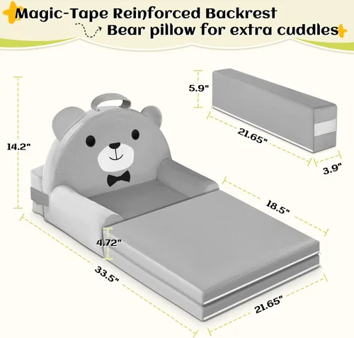 Vista 8 de Sofá cama para niños con funda extraíble lavable y respaldo de cinta mágica - Silla plegable para niños pequeños, cómodos muebles de terciopelo