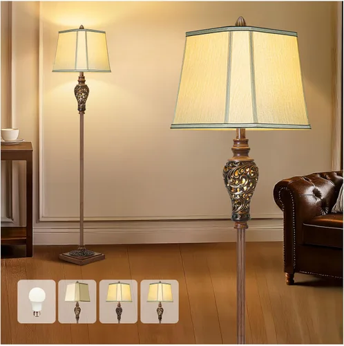 Vista 7 de LuxSight Collection Lámpara de pie rústica de 65 pulgadas de alto con pantalla de tela de lino de esquina de corte de luz nocturna, lámpara de pie