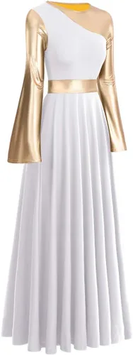 Vista 2 de IBAKOM Vestido largo de alabanza litúrgica para mujer, color dorado metálico, ajuste holgado, longitud completa, ropa de baile de iglesia