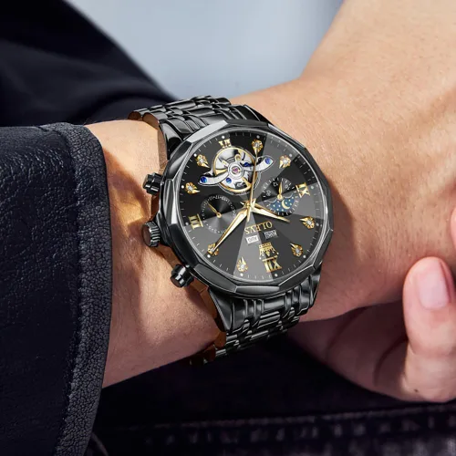 Vista 3 de OLEVS Relojes automáticos para hombre, reloj de vestir mecánico, de acero inoxidable, impermeable, cuerda automática, fecha clásica, diamantes