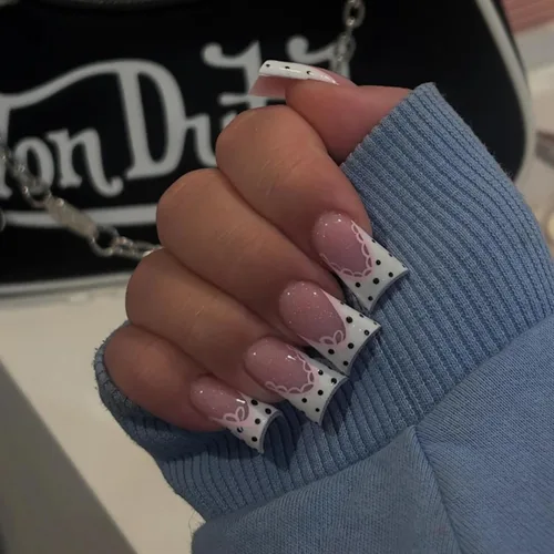Vista 12 de 24 uñas de pato a presión con diamantes de imitación francesas, uñas postizas estilo pies de pato, uñas postizas de primavera y verano con diseños